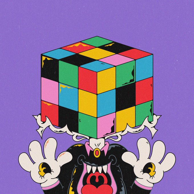 An illustration of a cartoon character with a Rubik's cube for a head, set against a solid purple background.