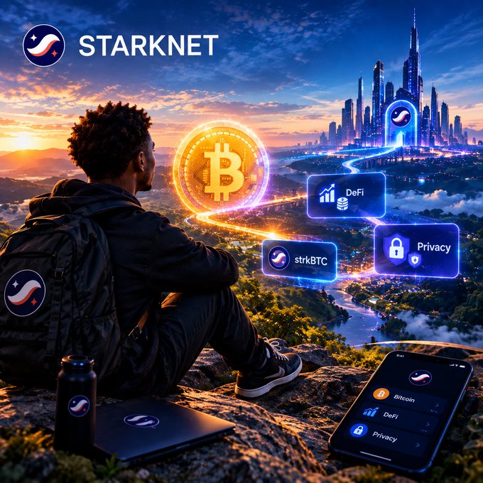 A promotional graphic for Starknet showing a person sitting on a cliff looking at a glowing Bitcoin coin and holographic panels labeled DeFi, strkBTC, and Privacy, with a futuristic cityscape in the background.