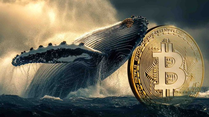 A digital illustration shows a breaching humpback whale alongside a large golden Bitcoin coin labeled 'DIGITAL - PEER TO PEER - BITCOIN' with ocean waves and a sunset sky in the background.