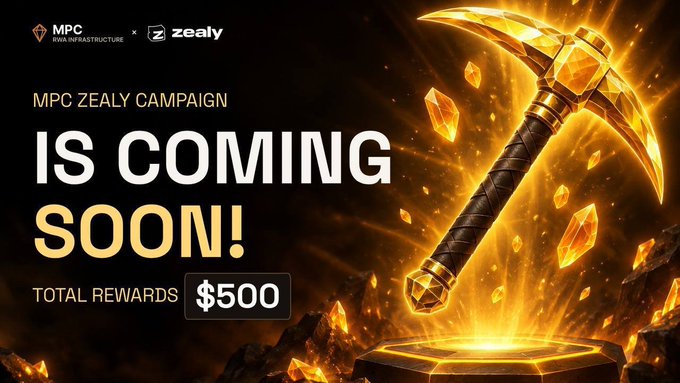 A promotional banner announces the 'MPC ZEALY CAMPAIGN IS COMING SOON!' featuring a glowing golden pickaxe surrounded by crystal shards. The total rewards are listed as $500.
