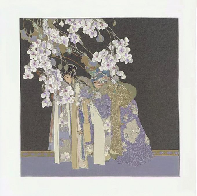 The image is a delicate, ornamental painting depicting two figures in elaborate, flowing traditional robes standing beneath a cascading branch of pale blossoms, rendered in soft lavender, gold, and white tones against a dark background. The composition evokes themes of feminine grace and quiet connection, aligning with the title "her nurture" and its presentation as a 1-of-1 NFT artwork on objkt.com for 200 XTZ.