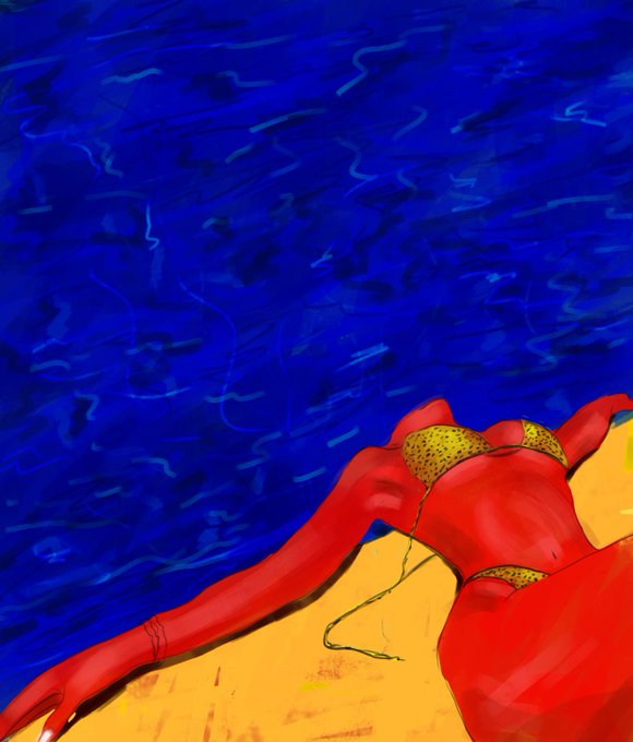 A stylized painting of a woman in a red bikini with a yellow polka-dot top reclining by deep blue water with rippling patterns.