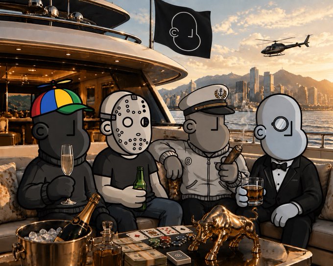 An illustration of four cartoon-style characters on a luxury yacht enjoying champagne and whiskey, with a gold bull statue, poker chips, and cash on the table, set against a harbor city skyline at sunset.