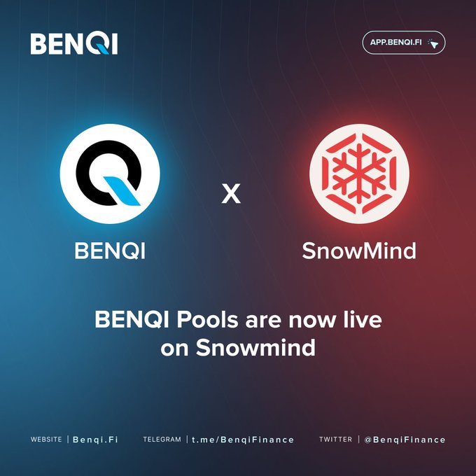 The image features a promotional poster for Benji Pools, which are now live on Snowmind. The poster showcases two logos - one representing Benji Pools and the other symbolizing Snowmind. Both logos are displayed against a dark blue background with white text. The text below the logos reads "SnowMind has arrived on Avalanche. With BENQI integrated, users can route liquidity into productive markets while @snowmind_xyz x.com/snowmind_xyz helps optimize across supported lending protocols- And its all non-custodial." This message highlights how Benji Pools and Snowmind are working together to provide a seamless user experience for managing investments in the cryptocurrency market.