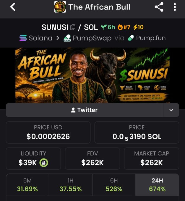 A screenshot of a crypto token page for "SUNUSI" (The African Bull) on Solana via PumpSwap, showing a price of $0.0002626, market cap of $262K, and 24H gains of 674%. The post's contract address and reference to a "$100m" goal aligns with the meme token's branding, emphasizing its rapid early growth toward that target.
