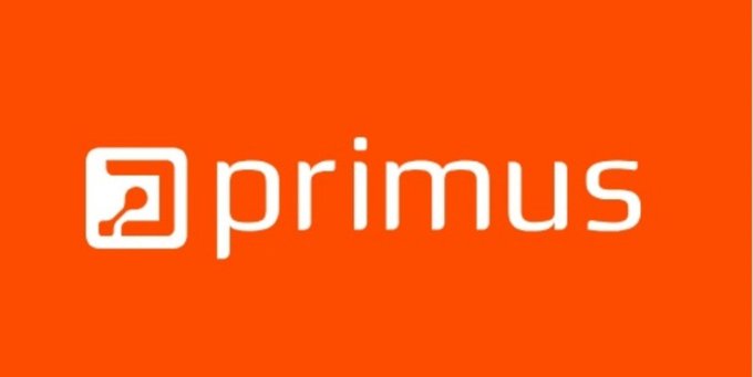 An orange banner displaying the white 'primus' logo with a stylized square icon.