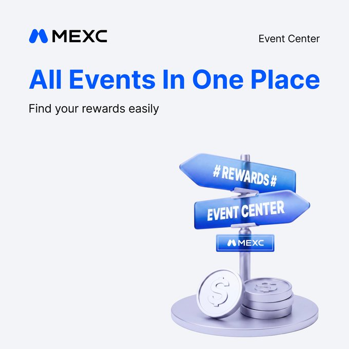A promotional graphic for the MEXC Event Center featuring the bold headline "All Events In One Place — Find your rewards easily," alongside a 3D-style signpost displaying "#REWARDS#" and "EVENT CENTER" above a coin stack, directly supporting the post's message about consolidating diverse trading event rewards into a single hub.
