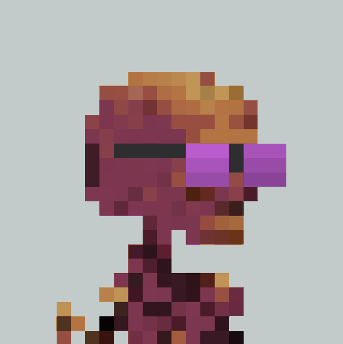 A pixel art portrait of a character with orange and dark red coloring, featuring a small smile and wearing purple-tinted glasses against a light blue background.