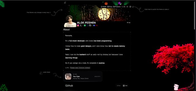 A personal portfolio webpage for "Alok Mishra" displayed on a dark-themed site with a red tree graphic, featuring an "About" section describing a full-stack developer from Nainital who loves low-level programming and creating memory leaks, alongside a preview of a Tetris project. The image showcases the newly launched portfolio mentioned in the caption, with text noting "Hey there! I'm Alok" and hobbies including drums and piano as indicated by the music note icons at the top.