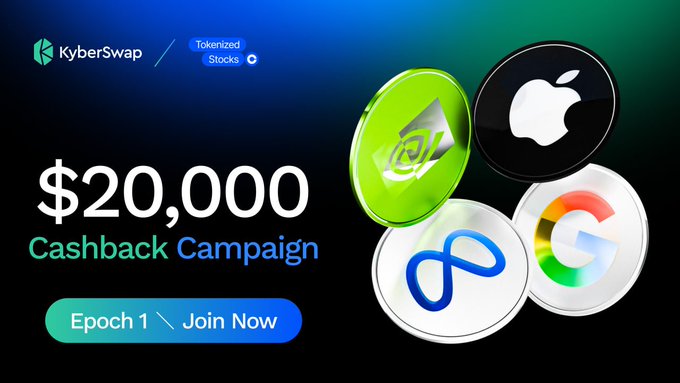 A promotional banner for KyberSwap's 'Tokenized Stocks' featuring a '$20,000 Cashback Campaign' with logos for Nvidia, Apple, Meta, and Google on coin graphics.