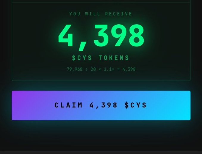 The image shows a screen displaying a claim form for a cryptocurrency called "Cys tokens", which is an online platform where users can claim their tokens. The claim form has a blue background with white text, and there are two columns of numbers on either side of the claim form. The first column displays the number 4,398, while the second column shows 1,000,000. The image also includes a small logo in the bottom left corner that reads "claimshare.io/tge If your is showing not eligible, log out then log in again preferably with your X account".