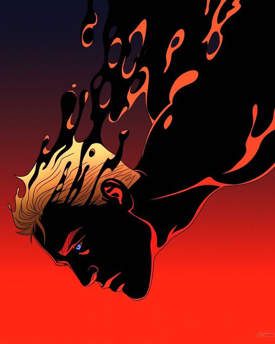 A stylized digital illustration of a figure with flowing blonde hair dissolving into dark, flame-like shapes against a dramatic red and black gradient background.