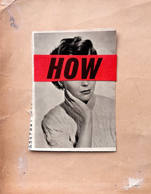The image features a poster with a woman's face prominently displayed against a red band across her forehead. The text "How" is written above the woman's head. Below this, there are two lines of text that read "Thank you @fan_yfi and @FlyingBeagle for collecting 'How to be Seen' 7/10 ed, 33 tez". This poster seems to be a creative way to promote or share information about the concept of being seen in public spaces.