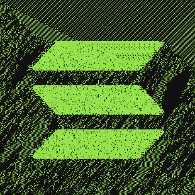 A glitchy, distorted green logo of Solana (SOL) with diagonal striping and static-like pixelation, visually representing the post's message of freedom and boundlessness on the Solana blockchain.