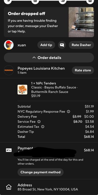 A DoorDash receipt screenshot showing a $68.14 order from Popeyes Louisiana Kitchen, featuring a 1 x 16Pc Tenders with Classic-Bayou Buffalo Sauce and Buttermilk Ranch Sauce for $51.19, addressed to 85 Broad St, New York, NY. The image humorously supports the post about sending "tendies" (chicken tenders) as comfort food to Vlad Tenev after his Robinhood-related hack.