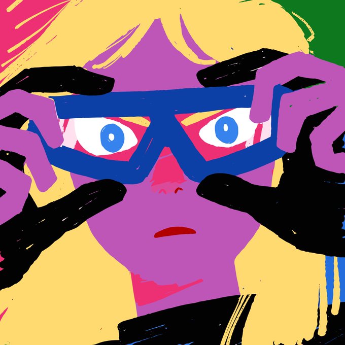 A stylized, boldly colored digital illustration shows a purple-skinned figure with blonde hair adjusting angular blue sunglasses over wide, intense eyes, flanked by dark shadowy hands, evoking the bold and confident "HERO MODE" vibe of the featured NFT drop. The vivid, graphic art style complements the empowering message of being ready to face whatever comes next.
