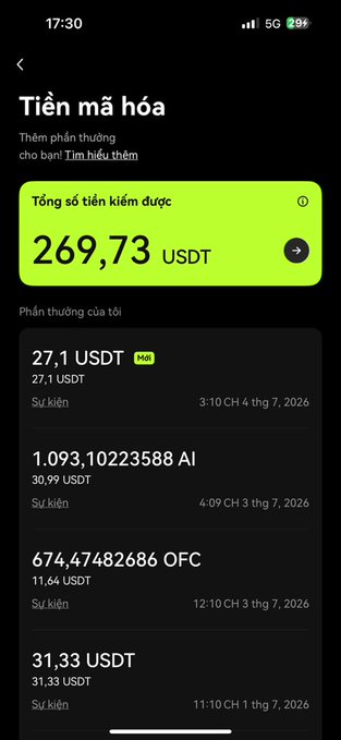 Vietnamese cryptocurrency rewards screen titled 'Tiền mã hóa' showing a total balance of 269.73 USDT with recent rewards including 27.1 USDT, AI tokens, OFC, and 31.33 USDT.