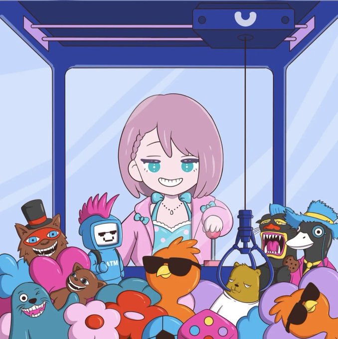 An anime-style illustration of a pink-haired girl with teal eyes, smiling widely while operating a claw machine filled with various cartoon characters and creatures including a cat in a top hat, a pink hedgehog-like creature, and penguins.