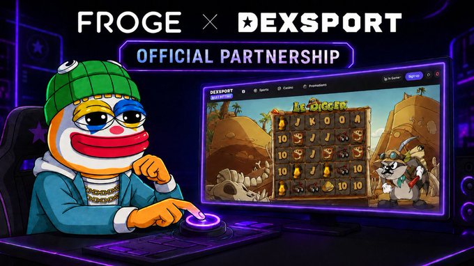 A cartoon frog mascot wearing a green cap and gold chain points at a slot game called "Le Digger" on the Dexsport platform, with the header "FROGE × DEXSPORT OFFICIAL PARTNERSHIP" displayed above. The image visually promotes the newly announced collaboration between the meme coin FROGE and Dexsport, highlighting the exclusive gaming experience available to the FROGE community through the official link.
