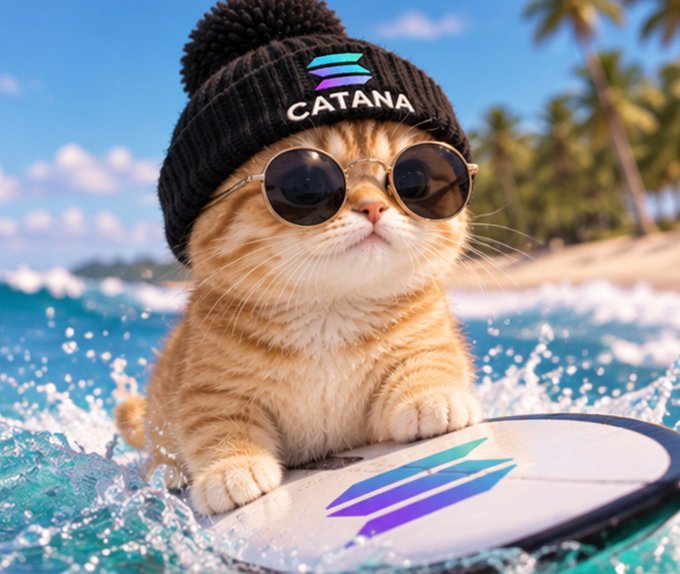 An AI-generated image of a cute orange tabby cat wearing a black 'CATANA' beanie and sunglasses, sitting on a surfboard in the ocean with palm trees in the background.