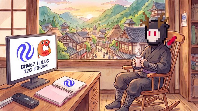 Digital artwork of a pixelated ninja character in a rocking chair with a steaming cup, at a desk with a monitor displaying 'BMW67 HOLDS 128 NINJAS.'