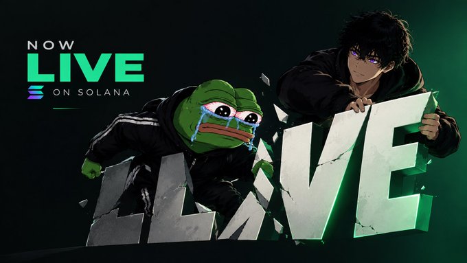 A promotional graphic reading 'NOW LIVE ON SOLANA' featuring an anime character and a crying Pepe the Frog in tracksuits next to large 3D 'LIVE' text.