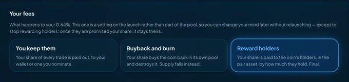 A dark-themed UI panel titled 'Your fees' explaining a 0.43% fee with three options: 'You keep them', 'Buyback and burn', and 'Reward holders' (highlighted in blue).