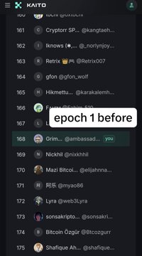 A dark Telegram-style group chat for “KAITO” shows ranked members from 160–175, with contact 168 “Crem…” tagged “you” highlighted in green. A white overlay reads “epoch 1 before,” fitting the post’s claim that the creator was dropped by Kaito and Axis and is betting everything on the next Katalyst-listed project, MANDARIN.