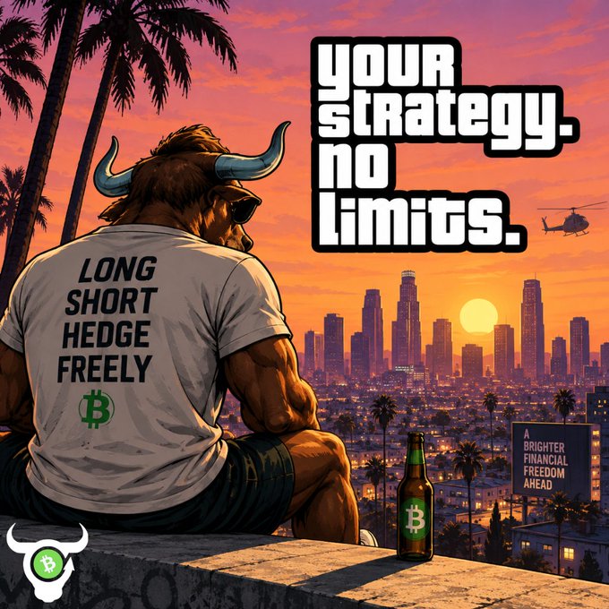 A meme-style image shows a muscular bull-headed figure wearing sunglasses and a shirt reading 'LONG SHORT HEDGE FREELY' with a Bitcoin logo, overlooking a city at sunset with the text 'your strategy. no limits.'