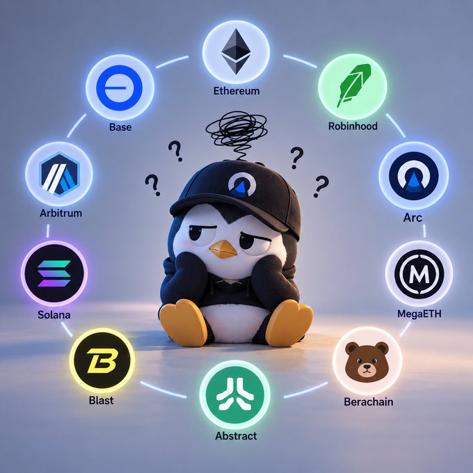 An illustration of a confused penguin character in an Arc-branded cap surrounded by question marks, encircled by logos for various blockchain networks including Ethereum, Base, Robinhood, Arbitrum, Arc, MegaETH, Berachain, Abstract, Blast, and Solana.