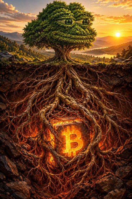 A fantasy digital artwork showing a tree with a face on its foliage growing above ground at sunset, while its extensive root system extends underground around a glowing Bitcoin symbol encased in rock.
