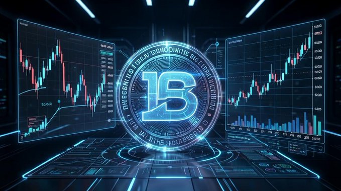 A digital illustration displays a glowing blue Bitcoin logo in the center, flanked by two curved trading screens showing red and green candlestick charts and numerical data.