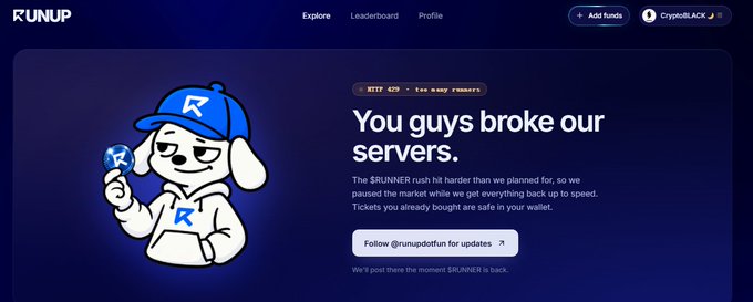 The image shows a notification on the RUNUP platform announcing "$RUNNER - too many runners" and stating "You guys broke our servers," explaining that high demand for the $RUNPER launchpad token caused the market to pause while tickets already bought remained safe in wallets, directly illustrating the server crash mentioned in the post about the October 1st incident.