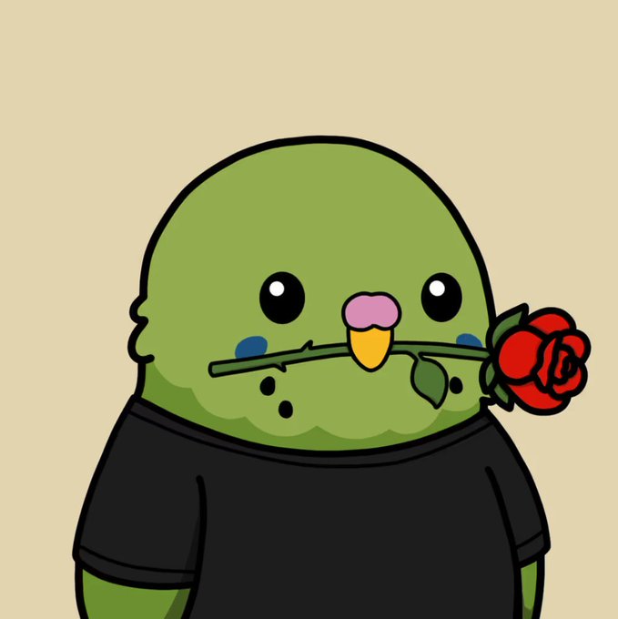 A cartoon illustration of a green bird-like character wearing a black shirt, holding a red rose in its beak against a beige background.