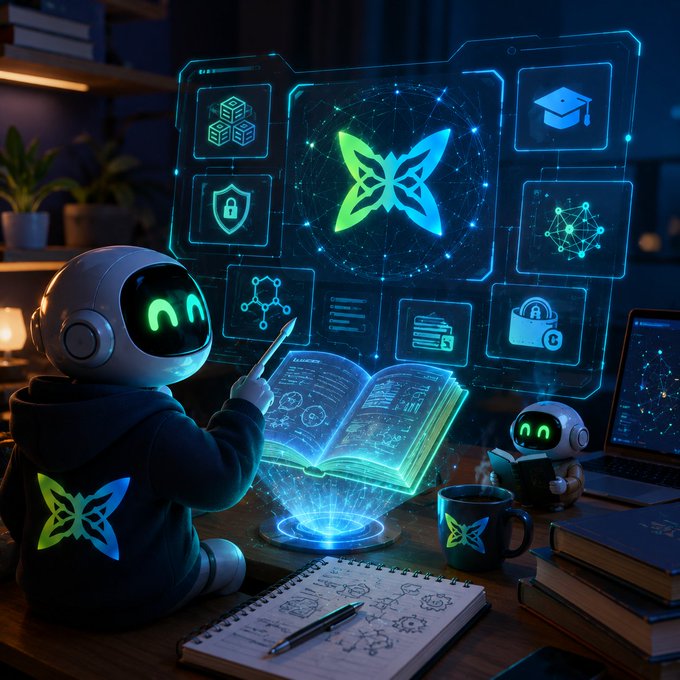 The image features a robot wearing a hoodie with a butterfly design, sitting at a desk surrounded by books and papers. The robot appears to be engaged in an activity related to cryptocurrency or blockchain technology, possibly creating content for QuipEdu. The scene suggests that the robot is contributing to the development of educational resources on QuipEdu, which could potentially help users learn about Bitcoin and other cryptocurrencies more effectively.