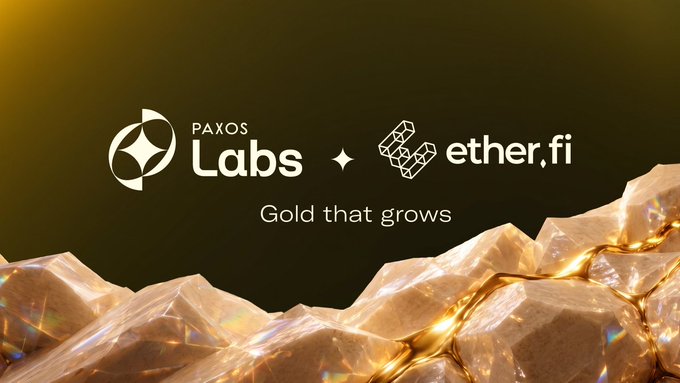 A promotional graphic for 'Paxos Labs' and 'ether.fi' with the tagline 'Gold that grows', displayed over a background of golden crystals and chains.