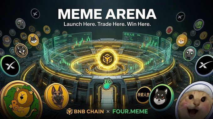 A promotional graphic for "MEME ARENA" with the tagline "Launch Here. Trade Here. Win Here." features a futuristic trading platform powered by BNB Chain and FOUR.MEME, showcasing various meme coins and Chinese text "币安人生" (Binance Life) alongside cartoon animal mascots including a cat and Shiba Inu, which aligns with the post's hype about the $100,000 USDT meme coin trading competition on Four.Meme.