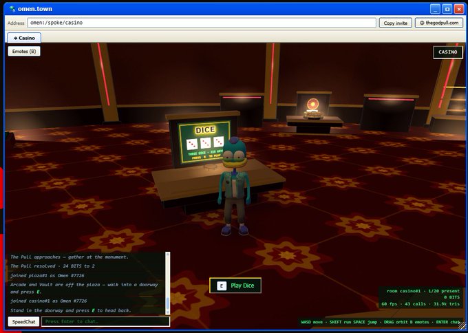 A screenshot of an online multiplayer game called 'omen.town' showing a penguin-like avatar at a dice game terminal in a casino setting, with text describing joining a casino room.