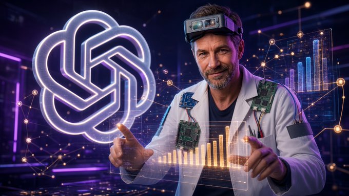 A futuristic scientist in a lab coat and augmented reality headset gestures toward a glowing ChatGPT logo alongside holographic bar charts and circuit boards, visually representing AI-driven analytics. The image complements the post by symbolizing the intelligent, data-backed signal tracking that @NucleusCodes performs across decentralized domains.