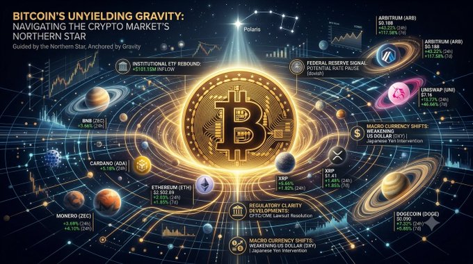A cosmic-themed infographic titled 'Bitcoin's Unyielding Gravity: Navigating the Crypto Market's Northern Star' centers on a glowing Bitcoin surrounded by planets labeled with various cryptocurrencies including BNB, Cardano, Ethereum, XRP, and Dogecoin, alongside economic indicators like the Federal Reserve Signal and macro currency shifts.