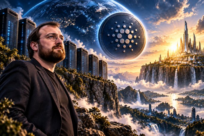 A bearded man in glasses gazes contemplatively over a fantastical landscape featuring towering server arrays, a futuristic city on cliffs at sunset, and a large Cardano (ADA) logo floating against a planetary backdrop—symbolizing the ambitious scale of the Ouroboros Leios upgrade as it advances toward Cardano mainnet deployment with its ~1,000 TPS demonstration.