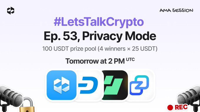 The image features a white banner with text related to "Let's Talk Crypto" that provides details about an upcoming event. The event includes a Privacy Advocate panel discussion, where privacy advocates will be discussing USDT currency and its importance. It also mentions a cryptocurrency prize pool of $100,000 worth of USDT prizes, four winners, and the event is scheduled for 2 PM UCT.