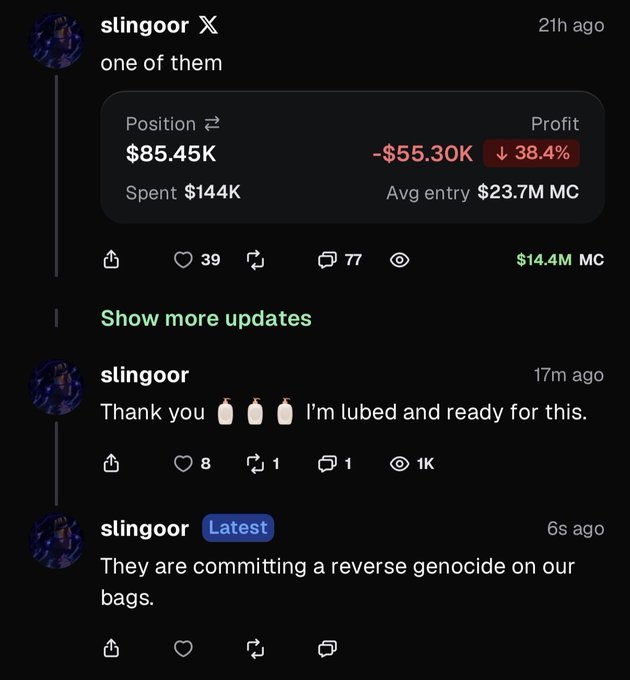 A screenshot of three posts from user "slingoor" on X, showing a trading update with a position worth $85.45K (down 38.4% / -$55.30K, with $144K spent and $14.4M MC), followed by a post saying "Thank you 🧴🧴🧴 I'm lubed and ready for this," and a "Latest" post stating "They are committing a reverse genocide on our bags." The trading losses shown align with the accompanying post's reflection on giving back a large sum to the market after a near-$1M trade opportunity.