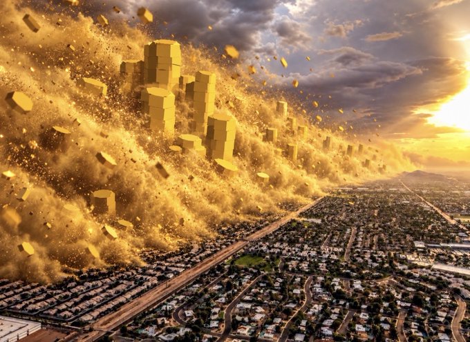 A dramatic, apocalyptic digital artwork depicting a massive wave of golden, cube-like blocks crashing over a suburban landscape at sunset.