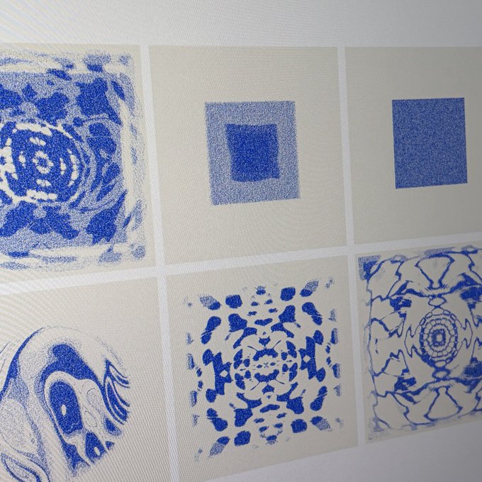 A grid of six abstract blue and white printed artwork squares featuring various patterns like concentric squares, textured blocks, and organic shapes.