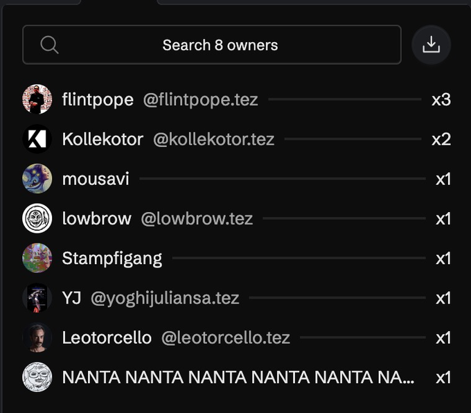 A dark-themed list of NFT owners including 'flintpope @flintpope.tez', 'Kollekotor @kollekotor.tez', 'mousavi', 'lowbrow @lowbrow.tez', 'Stampigang', 'YJ @yoghijuliansa.tez', and 'Leotorcello @leotorcello.tez'.