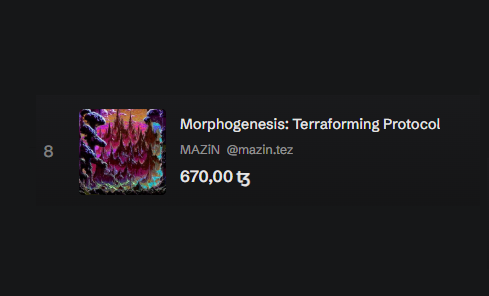 A dark-themed listing for 'Morphogenesis: Terraforming Protocol' by MAZIN @mazin.tez, showing a colorful abstract NFT thumbnail priced at '670,00 ₺' (Turkish lira).