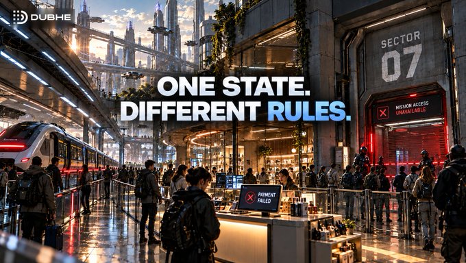 Futuristic dystopian cityscape advertisement for DUBHE featuring crowds of people, trains, and a building labeled 'SECTOR 07' with signs reading 'MISSION ACCESS UNAVAILABLE' and 'PAYMENT FAILED', with the tagline 'ONE STATE. DIFFERENT RULES.'