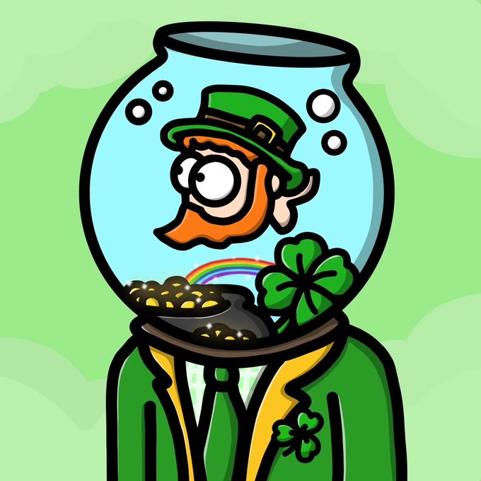 A cartoon illustration shows a leprechaun-like character in a green suit and top hat, whose head floats inside a fishbowl filled with water and bubbles, while he holds a pot of gold with a rainbow and shamrocks. The post questions whether this leprechaun was a @FaZeClan Punks NFT character, tying into the character's punk-style design.