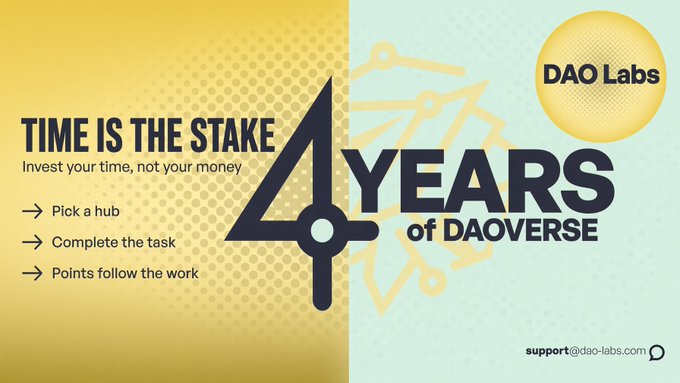 A promotional graphic for DAO Labs celebrates '4 YEARS of DAOVERSE' with the slogan 'TIME IS THE STAKE - Invest your time, not your money' alongside instructions to pick a hub, complete the task, and let points follow the work.